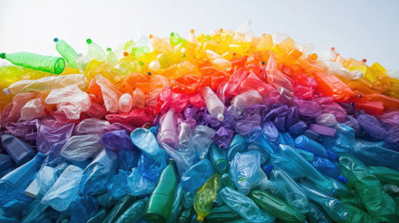 A vibrant pile of discarded plastic bottles and containers against a blue sky, highlighting the issue of waste and plastic pollution while promoting environmental awareness.の素材