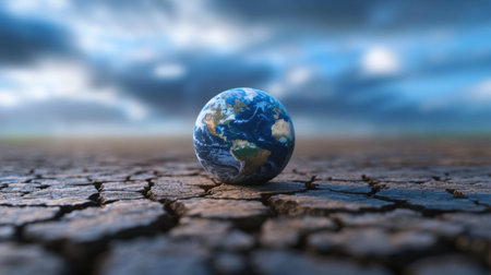 A solitary globe rests on parched, cracked soil, symbolizing the impact of climate change and environmental degradation. This image highlights the urgent need for sustainability and conservation efforts.の素材