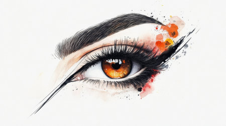 This stunning watercolor artwork features an expressive eye with warm orange and brown tones, enhanced by fluid brush strokes and artistic splashes.の素材