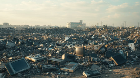 A vast landscape filled with piles of discarded electronics, including old televisions and various technology items. This scene highlights the urgent issue of e-waste and its environmental impact.の素材