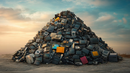 A striking image of a large pile of old television sets set against a stunning sunset sky. This visual highlights the issues of electronic waste and environmental impact.の素材