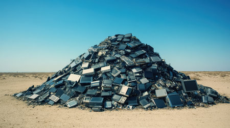 A large pile of discarded electronic devices stands in stark contrast to the barren desert landscape. This image highlights the growing issue of electronic waste and its environmental impact.の素材