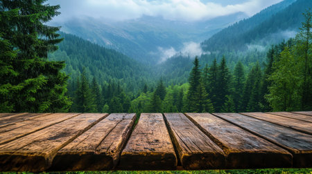 Capture the serene beauty of a misty mountain landscape with a lush green forest. This image evokes a peaceful atmosphere, perfect for nature lovers.の素材