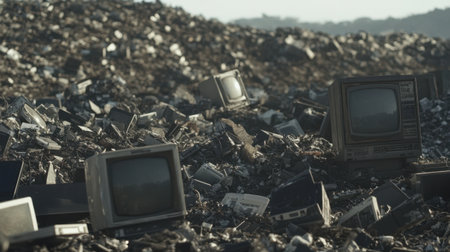 A desolate landscape filled with discarded electronics in a landfill. The site highlights the issue of e-waste and its impact on the environment, beckoning a call for sustainable recycling practices.の素材