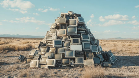 A surreal scene depicts a large pile of abandoned vintage computers amidst a barren desert landscape, highlighting themes of technology decay and environmental impact.の素材