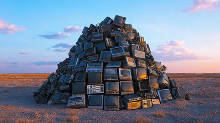 A striking pile of vintage televisions stands in a barren landscape at sunset. The warm colors of dusk create a surreal atmosphere, highlighting the obsolescence of technology against nature backdrop.の素材