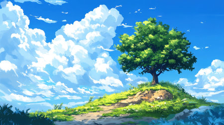 A picturesque scene featuring a lush green tree atop a gentle hill, set against a backdrop of vibrant blue sky and fluffy white clouds, evoking tranquility and beauty.の素材