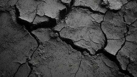 This image features a close-up of a dry, cracked soil surface, showcasing the intricate patterns formed by the lack of moisture. The monochromatic tones highlight the texture and geological details.の素材