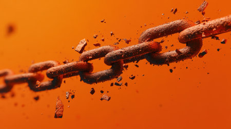A dramatic depiction of a fragmented chain surrounded by dust and debris, set against a vibrant orange background. This image symbolizes strength and destruction.の素材