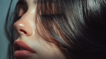 This image features a close-up of a woman's face, showcasing her glossy skin, soft hair, and delicate features framed by gentle lighting, evoking a sense of calm elegance.の素材