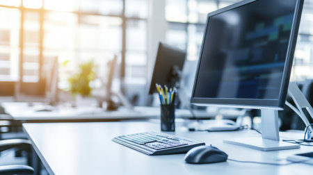 A well-lit modern office workspace featuring a computer monitor, keyboard, and mouse. The clean desk setup emphasizes productivity and minimalism in design.の素材