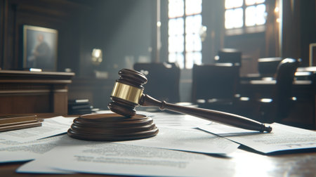 A wooden gavel rests on the documents in a well-lit courtroom. Natural light streams through windows, illuminating the scene of legal proceedings and discussions.の素材