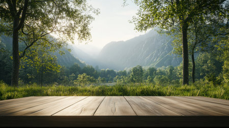 A stunning view of a tranquil nature landscape featuring mountains, trees, and a wooden table in the foreground. The soft morning light enhances the serene atmosphere, perfect for relaxation.の素材