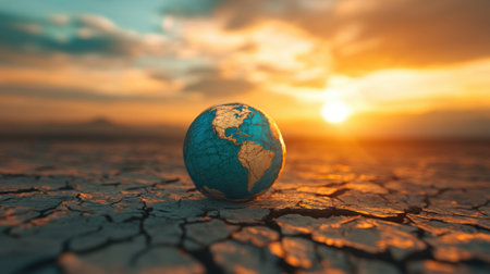 A striking image of a globe resting on cracked soil at sunset, representing environmental challenges. The warm colors of the sky provide a beautiful backdrop.の素材