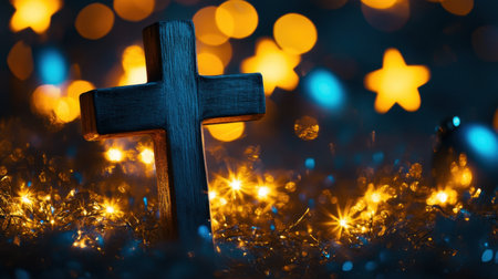 This artistic image features a wooden cross illuminated by soft glowing lights and stars, creating a serene atmosphere perfect for reflecting on faith and spirituality.の素材