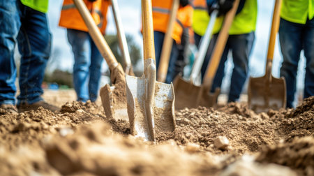 A group of construction workers actively digs into the ground with shovels at a job site. The scene captures the essence of teamwork and labor in outdoor construction projects.の素材