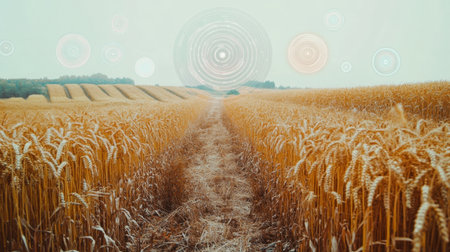 A stunning golden wheat field stretches into the distance, complemented by abstract digital elements that create a unique visual experience.の素材