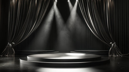 A captivating empty stage featuring elegant curtains and bright spotlights. Ideal for theatrical productions, performances, or creative showcases, this setup creates a dramatic ambiance for any event.の素材