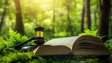 An inspiring scene featuring a gavel resting on an open law book amidst lush greenery, symbolizing the harmony between nature and legal knowledge.の素材