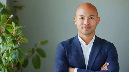 A portrait of a confident Asian man in a suit, standing with arms crossed in a modern office environment. The vibrant greenery adds a touch of tranquility.の素材