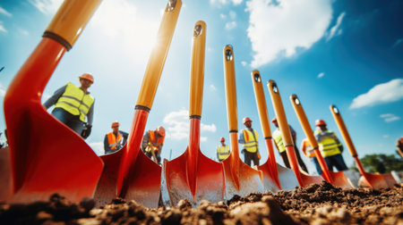 A row of bright red shovels stands ready for use at a groundbreaking ceremony, symbolizing teamwork and community progress under a clear blue sky.の素材