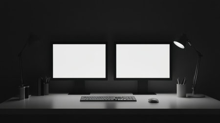 A minimalistic workspace featuring two blank monitors set against a dark backdrop. Ideal for showcasing digital creativity, productivity, and modern design.の素材