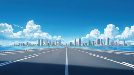 A stunning urban landscape showcasing a wide road leading toward modern buildings under a bright blue sky with fluffy clouds. Ideal for themes of travel and exploration.の素材