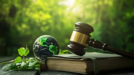 A wooden gavel rests on a book next to a globe symbolizing environmental justice and sustainability amid lush greenery, highlighting the importance of law in global issues.の素材