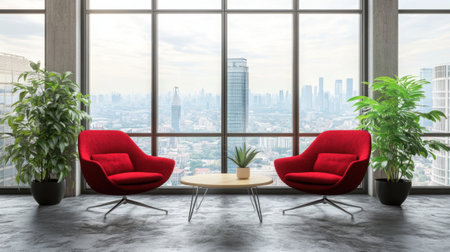 A stylish modern interior featuring vibrant red chairs and a small table, surrounded by indoor plants. The expansive windows showcase a breathtaking urban skyline, creating a perfect relaxation space.の素材