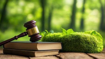 A wooden gavel rests on law books, symbolizing justice amidst vibrant green foliage, creating a harmonious blend of law and nature in a tranquil setting.の素材
