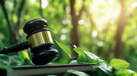 A gavel rests on a book amidst stunning greenery, symbolizing justice and law in a peaceful natural environment, perfect for legal themes and concepts.の素材