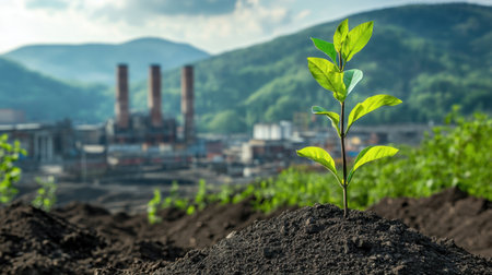 A young green plant emerges from dark soil with an industrial backdrop. The juxtaposition of nature and industry highlights the need for sustainability and environmental awareness.の素材