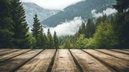 A picturesque view of a serene forest landscape featuring tall trees and majestic mountains, complemented by a wooden plank foreground and gentle fog.の素材