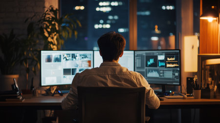 A person sits in an office at night, focused on multiple monitors displaying data analysis. The glowing screens highlight a modern workspace in a bustling city.の素材