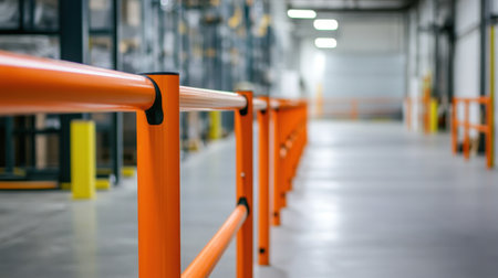 A bright orange safety railing provides a striking visual in this modern industrial warehouse. The clean and organized space highlights safety features and efficiency, ideal for logistics and operations.の素材