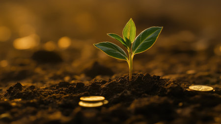 A vibrant seedling emerges from rich soil surrounded by coins, symbolizing the intersection of nature and finance. The scene captures growth and potential.の素材