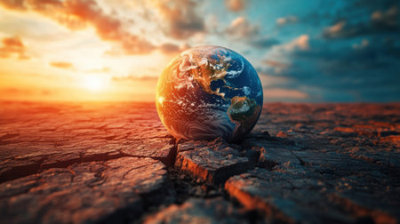 A striking image of Earth resting on parched ground during a stunning sunset. This visual symbolizes the clash between natural beauty and environmental challenges.の素材