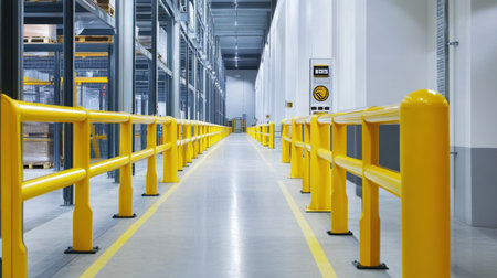Bright and spacious modern warehouse interior featuring a yellow safety barrier along a clear pathway, designed for optimal storage and organization.の素材