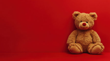 A cute teddy bear sitting against a vibrant red background, inviting feelings of warmth and nostalgia. Ideal for themes of childhood and comfort.の素材