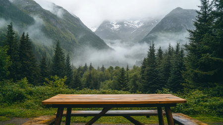 A scenic view featuring a wooden picnic table set against a majestic mountain backdrop. Fog rolls through the lush forest, creating a calm and serene atmosphere perfect for nature lovers.の素材