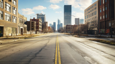 A deserted city street showcases a contrast between abandoned buildings and modern skyscrapers under a clear blue sky. The scene captures urban decay and tranquility.の素材