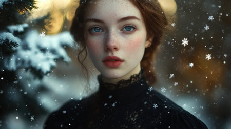 A captivating portrait of a young woman in a snowy winter setting, with gentle snowflakes falling around her. Her serene expression and delicate features create an enchanting atmosphere.の素材