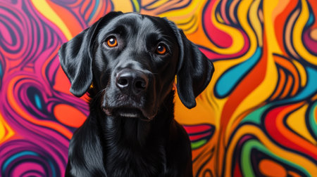 A striking portrait of a black Labrador dog against a vibrant, abstract background. The dog's expressive eyes and sleek fur create a captivating image, highlighting its friendly nature.の素材