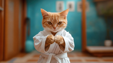 A playful cat in a karate uniform strikes a martial arts pose, showcasing determination and charm in a vibrant indoor setting. Perfect for fun themes!の素材