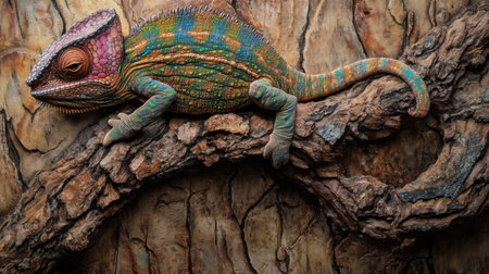 A vibrant chameleon resting on a textured bark background, showcasing its unique colors and patterns. This image emphasizes the beauty of wildlife in a natural setting.の素材