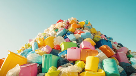 Vibrant colors dominate a large pile of plastic waste under a clear blue sky, highlighting the pressing environmental concerns related to pollution and sustainability.の素材