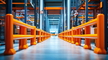 A bright and modern warehouse pathway featuring orange safety barriers and organized shelving units. Ideal for showcasing industrial and logistics environments.の素材