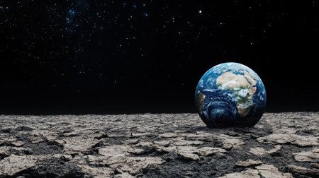 A stunning depiction of Earth resting on a cracked lunar surface set against a starry sky. The contrast highlights the beauty and isolation of our planet in the vast universe.の素材