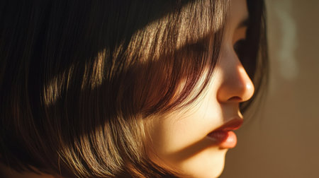 A close-up profile portrait of a young woman illuminated by soft light. The serene expression and elegant hair reflect tranquility and beauty in a minimalistic setting.の素材