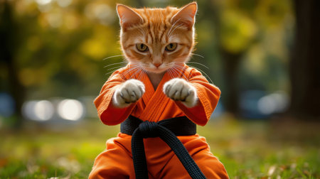 A determined cat dressed in a karate outfit demonstrates focus and energy while practicing martial arts outdoors in a sunny environment.の素材